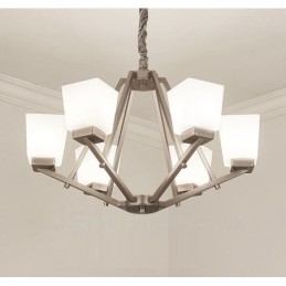 Lampadario a sospensione cromato a 6 luci con paralumi in vetro