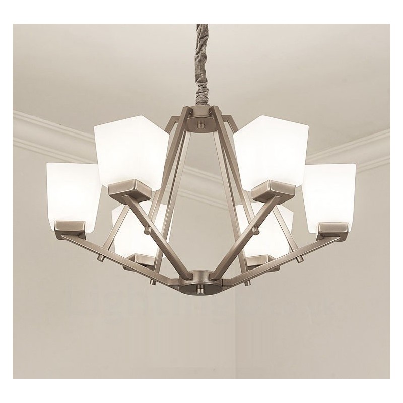 Lampadario a sospensione cromato a 6 luci con paralumi in vetro