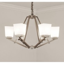 Lampadario a sospensione cromato a 6 luci con paralumi in vetro