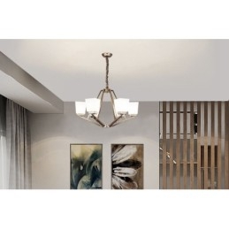 Lampadario a sospensione cromato a 6 luci con paralumi in vetro