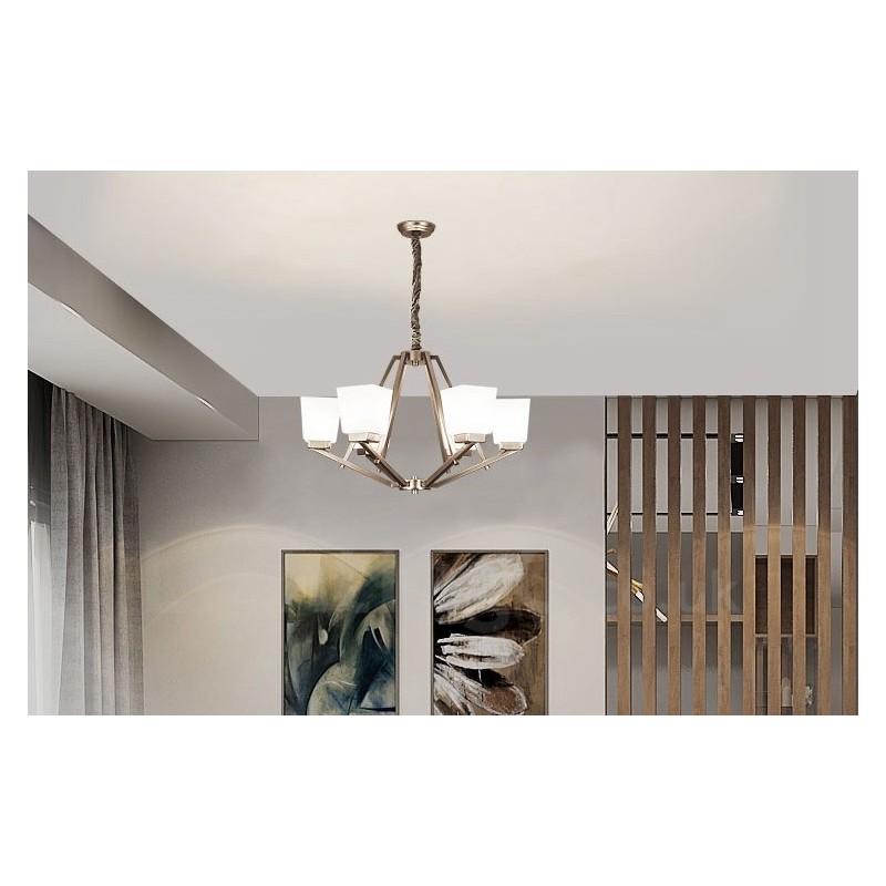 Lampadario a sospensione cromato a 6 luci con paralumi in vetro