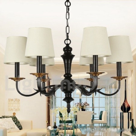 Lampadario rustico retrò a 6 luci E14 in acciaio con paralumi in tessuto