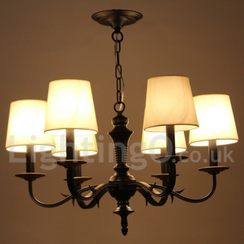Lampadario rustico retrò a 6 luci E14 in acciaio con paralumi in tessuto