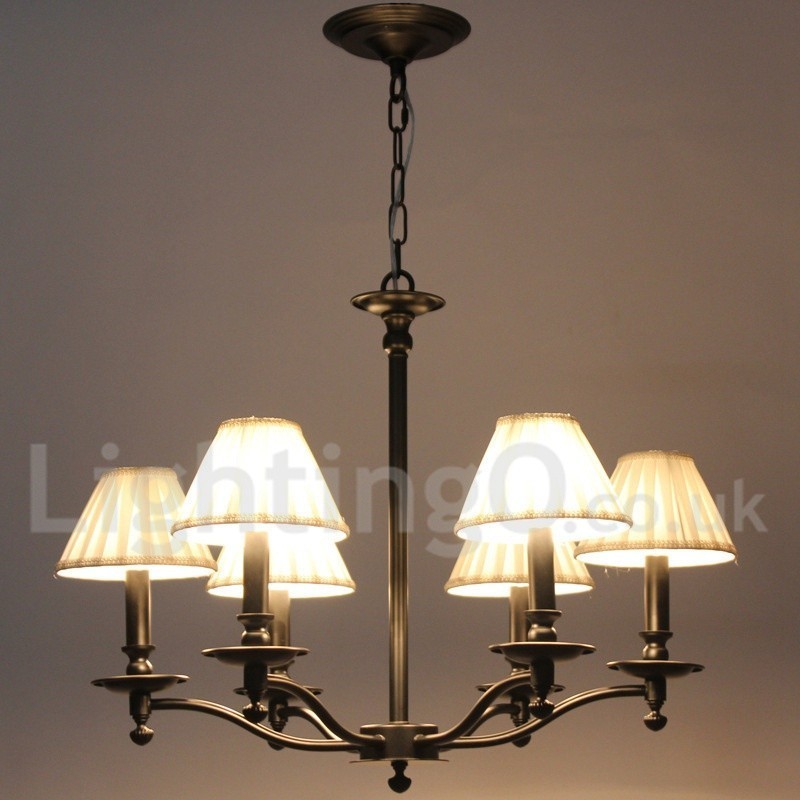 Lampadario rustico retrò a 6 luci E14 con paralumi in tessuto