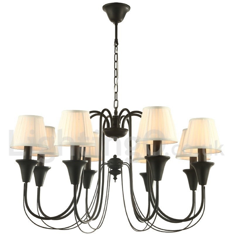 Lampadario retrò nero a 8 luci con paralumi in tessuto