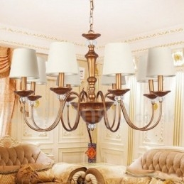 Lampadario retrò vintage a 8 luci E14 in acciaio con paralumi in tessuto