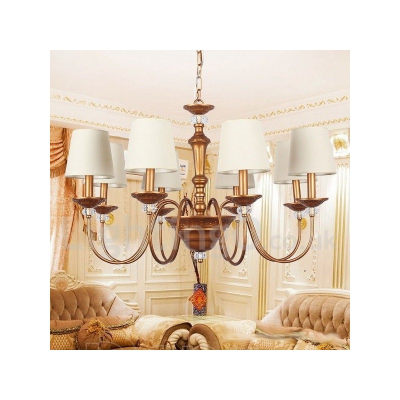 Lampadario retrò vintage a 8 luci E14 in acciaio con paralumi in tessuto