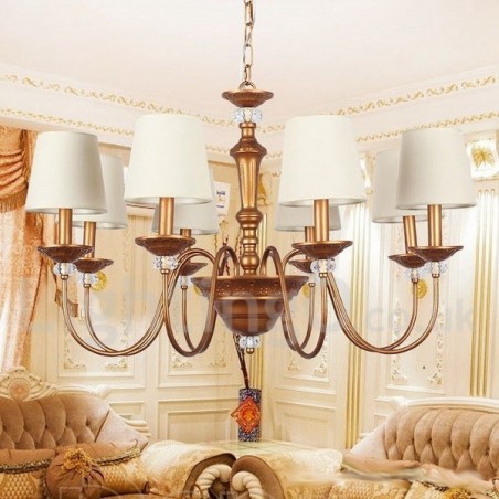 Lampadario retrò vintage a 8 luci E14 in acciaio con paralumi in tessuto