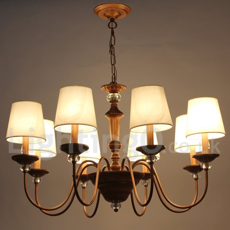 Lampadario retrò vintage a 8 luci E14 in acciaio con paralumi in tessuto