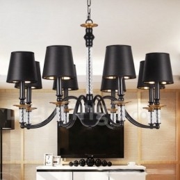 Lampadario retrò nero a 8 luci con paralumi in tessuto