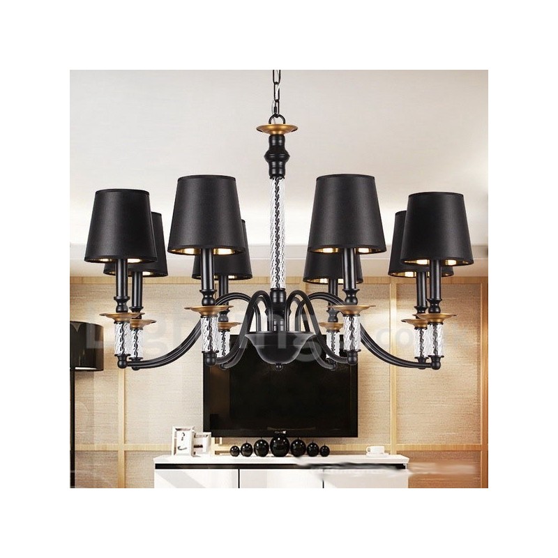 Lampadario retrò nero a 8 luci con paralumi in tessuto