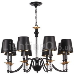 Lampadario retrò nero a 8 luci con paralumi in tessuto