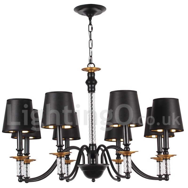 Lampadario retrò nero a 8 luci con paralumi in tessuto