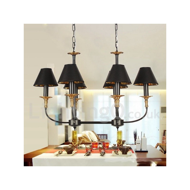 Lampadario a 6 luci stile retrò vintage a candela in acciaio con paralumi in tessuto