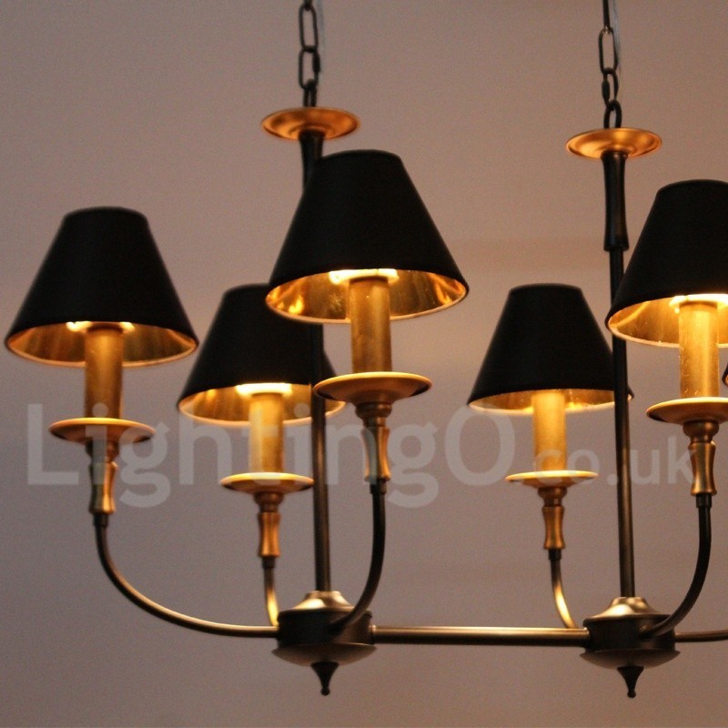 Lampadario a 6 luci stile retrò vintage a candela in acciaio con paralumi in tessuto