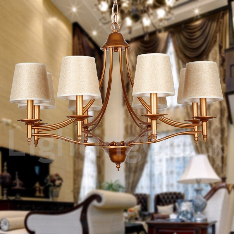 Lampadario a candela rustico retrò-vintage a 8 luci con paralumi in tessuto