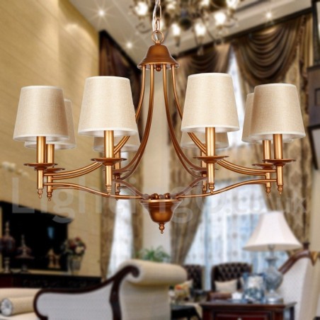 Lampadario a candela rustico retrò-vintage a 8 luci con paralumi in tessuto
