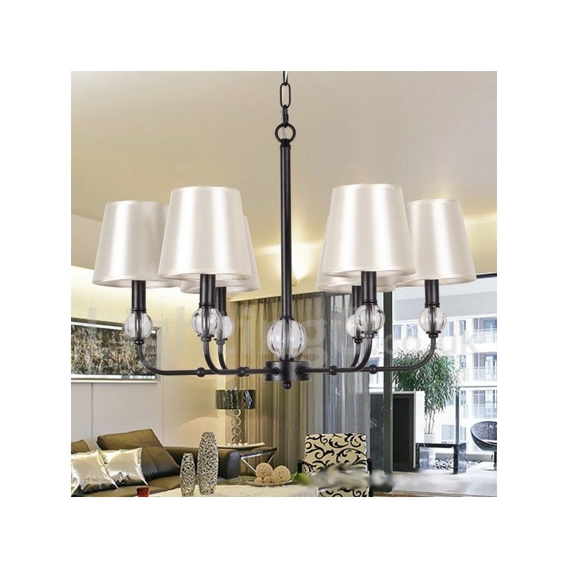Lampadario contemporaneo rustico retrò a 6 luci E14 con paralumi in tessuto