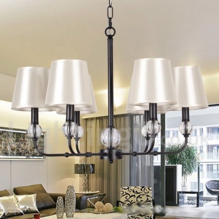 Lampadario contemporaneo rustico retrò a 6 luci E14 con paralumi in tessuto