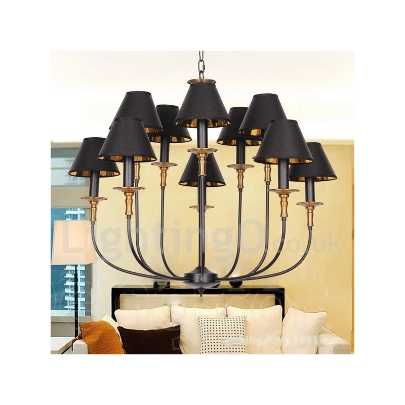Lampadario a candela retrò contemporaneo in acciaio con paralumi in tessuto, E14, 10 luci