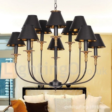 Lampadario a candela retrò contemporaneo in acciaio con paralumi in tessuto, E14, 10 luci