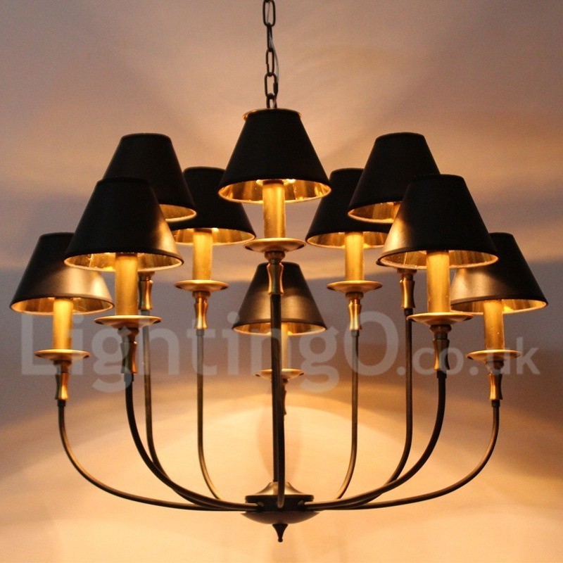 Lampadario a candela retrò contemporaneo in acciaio con paralumi in tessuto, E14, 10 luci