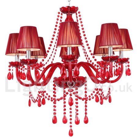 Lampadario a candela in cristallo K9 rosso chiaro a 8 luci