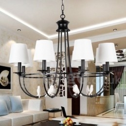 Lampadario a candela a 8 luci nero retrò vintage rustico con paralumi in tessuto