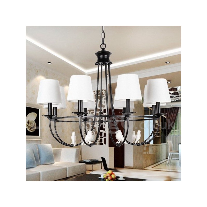 Lampadario a candela a 8 luci nero retrò vintage rustico con paralumi in tessuto