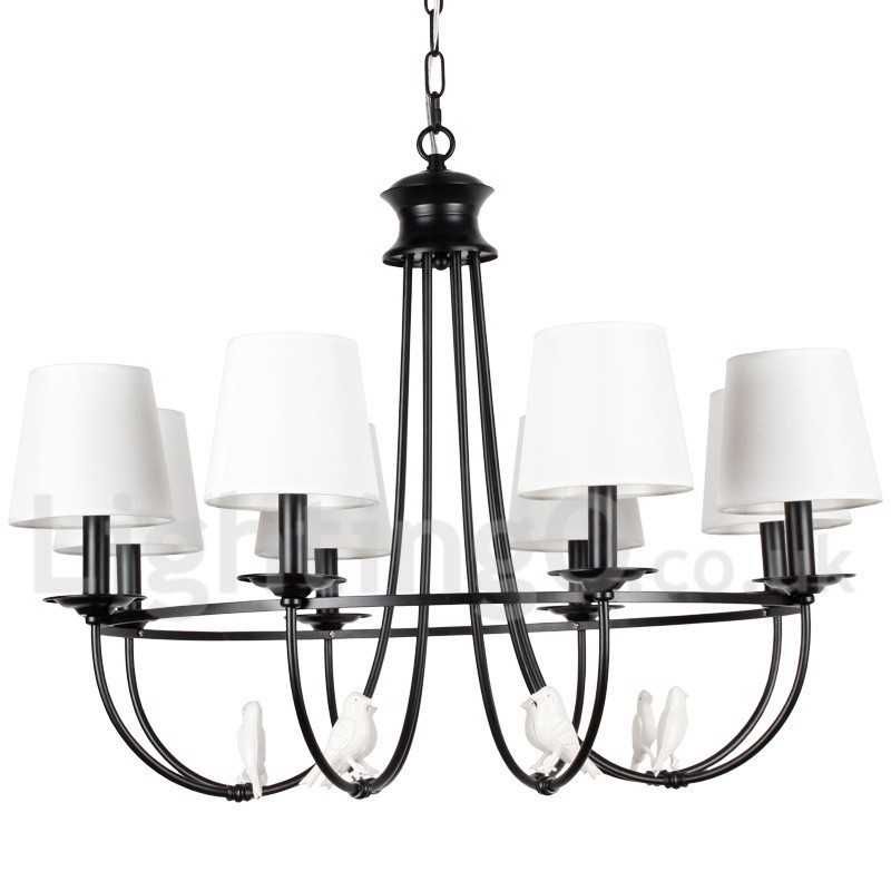 Lampadario a candela a 8 luci nero retrò vintage rustico con paralumi in tessuto