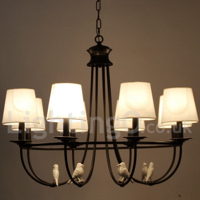 Lampadario a candela a 8 luci nero retrò vintage rustico con paralumi in tessuto