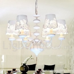 Lampadario moderno contemporaneo a 6 luci bianco con paralumi in tessuto e stile candela