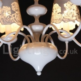Lampadario moderno contemporaneo a 6 luci bianco con paralumi in tessuto e stile candela