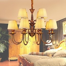 Lampadario contemporaneo in metallo giallo con paralume in tessuto beige, 1 lampadina E12/E14
