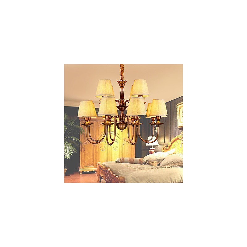 Lampadario contemporaneo in metallo giallo con paralume in tessuto beige, 1 lampadina E12/E14