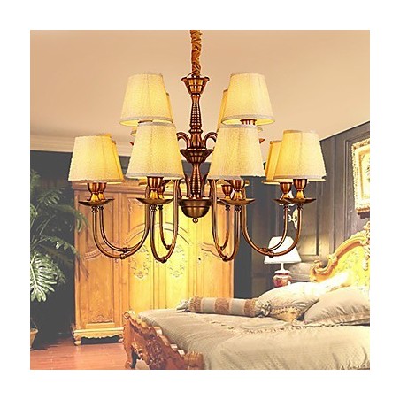 Lampadario contemporaneo in metallo giallo con paralume in tessuto beige, 1 lampadina E12/E14