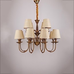 Lampadario contemporaneo in metallo giallo con paralume in tessuto beige, 1 lampadina E12/E14