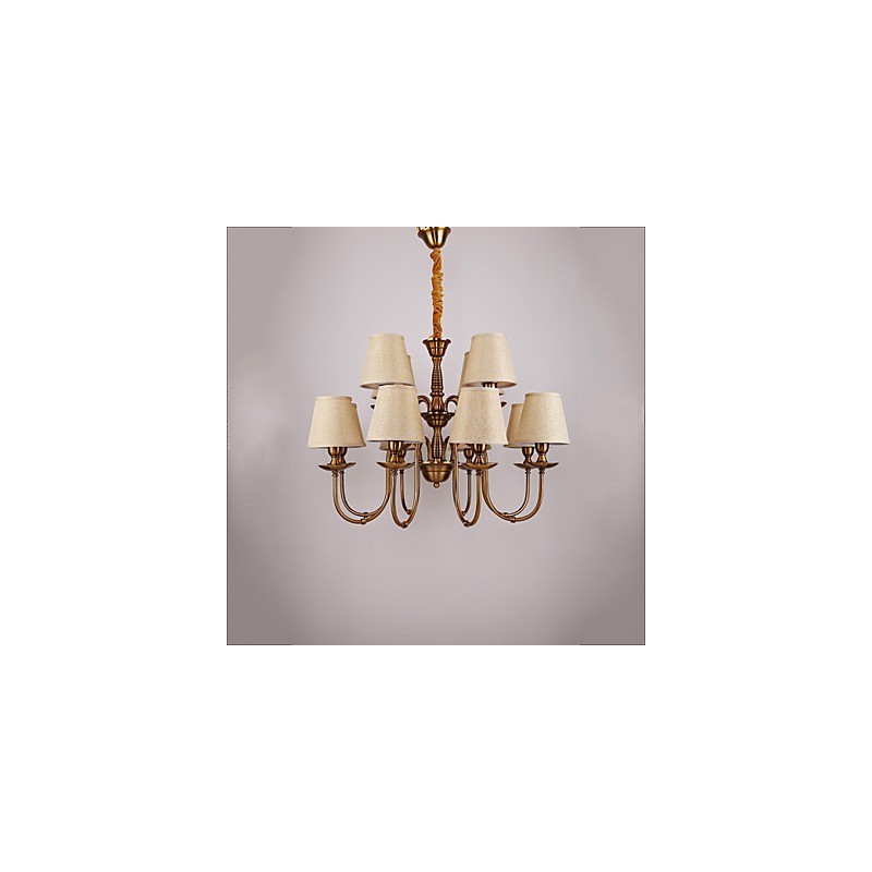 Lampadario contemporaneo in metallo giallo con paralume in tessuto beige, 1 lampadina E12/E14