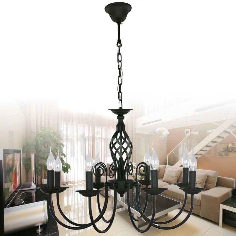 Lampadario a candela nero retrò contemporaneo a 8 luci