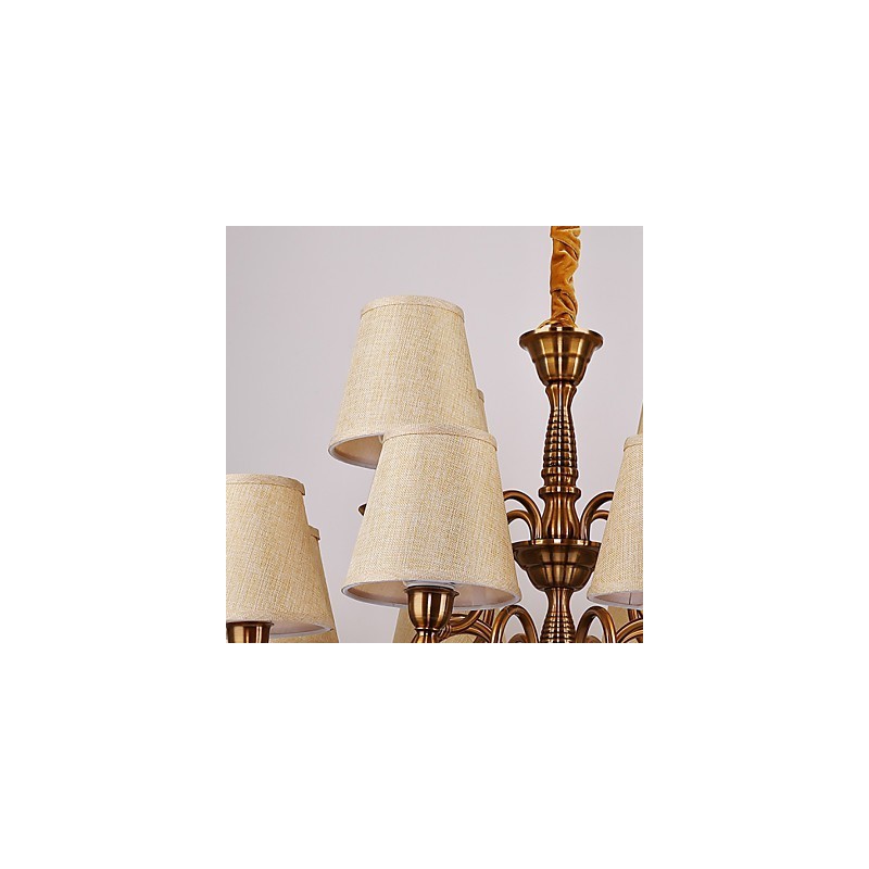 Lampadario contemporaneo in metallo giallo con paralume in tessuto beige, 1 lampadina E12/E14