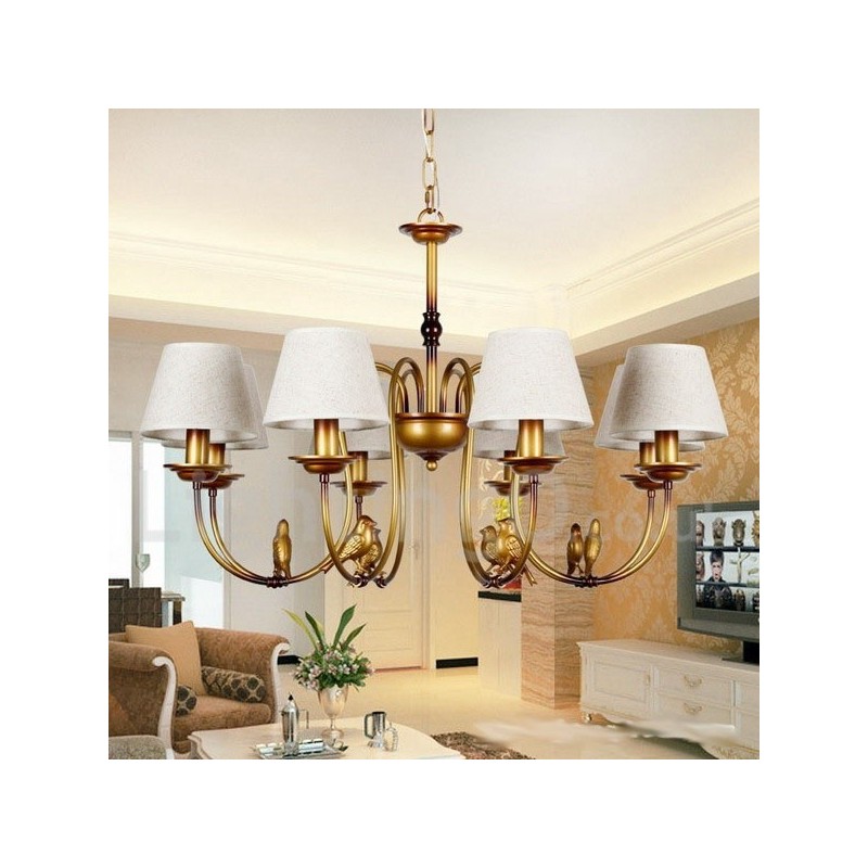 Lampadario rustico vintage a 8 luci con paralumi in tessuto
