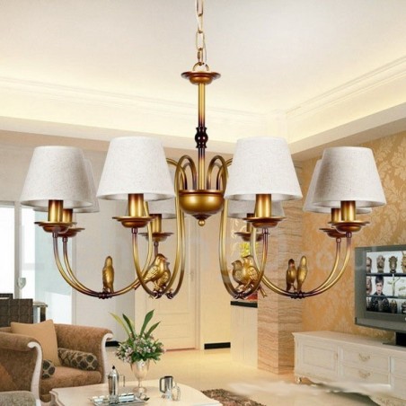 Lampadario rustico vintage a 8 luci con paralumi in tessuto