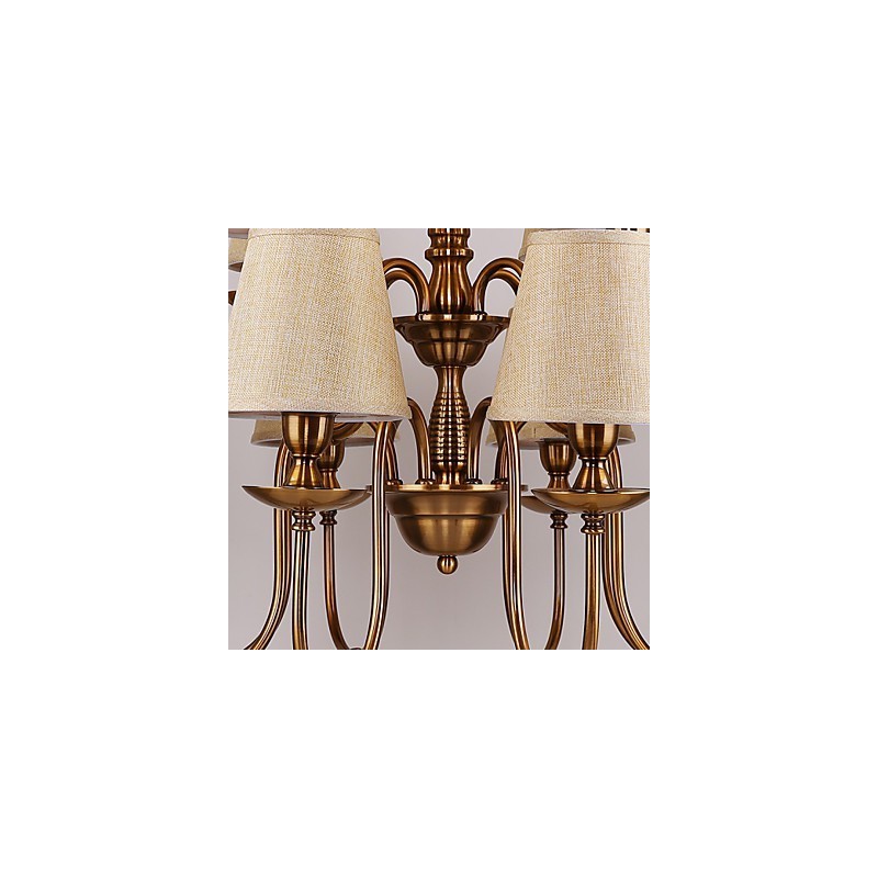 Lampadario contemporaneo in metallo giallo con paralume in tessuto beige, 1 lampadina E12/E14