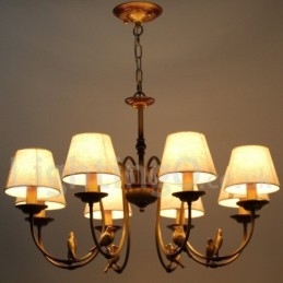 Lampadario rustico vintage a 8 luci con paralumi in tessuto