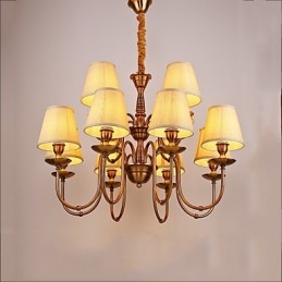 Lampadario contemporaneo in metallo giallo con paralume in tessuto beige, 1 lampadina E12/E14