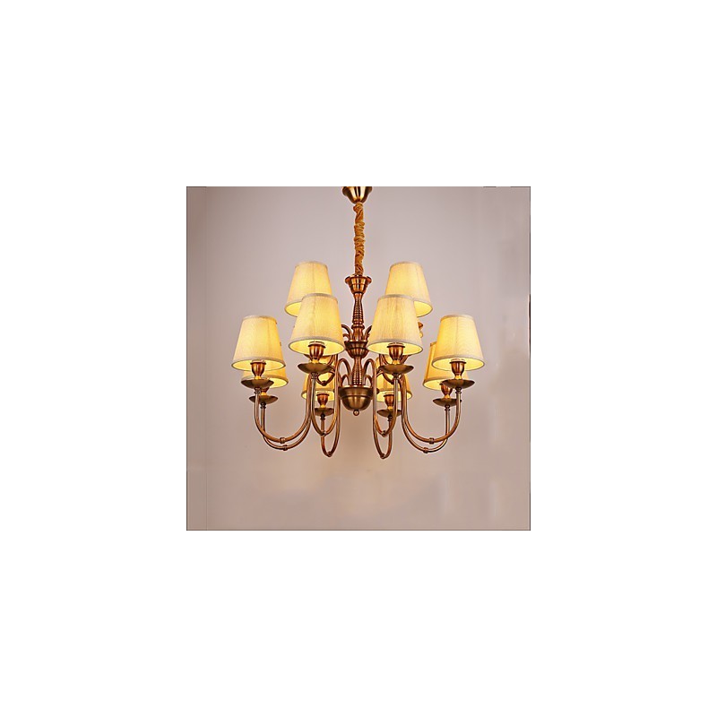 Lampadario contemporaneo in metallo giallo con paralume in tessuto beige, 1 lampadina E12/E14