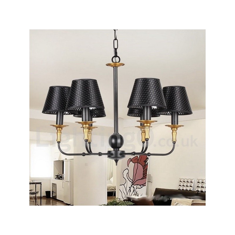 Lampadario rustico vintage a 6 luci con paralumi in tessuto