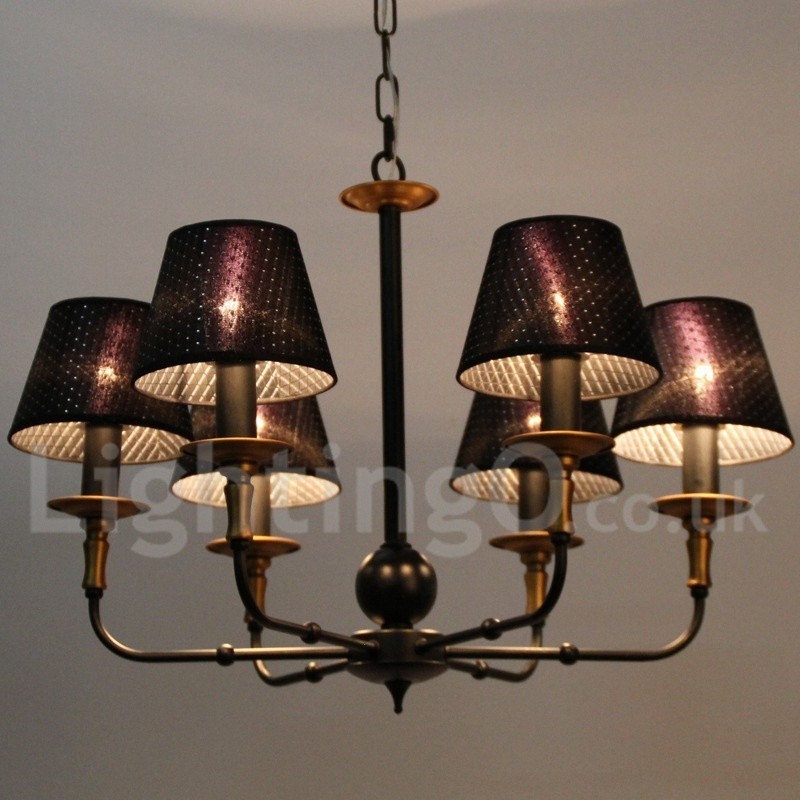 Lampadario rustico vintage a 6 luci con paralumi in tessuto