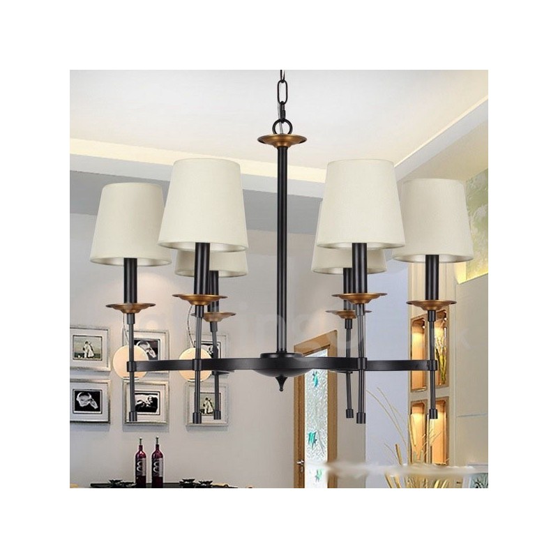 Lampadario retrò/vintage nero a 6 luci stile candela con paralumi in tessuto