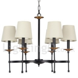 Lampadario retrò/vintage nero a 6 luci stile candela con paralumi in tessuto